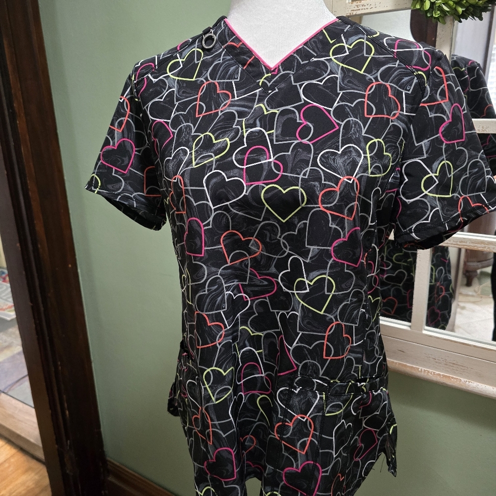 Cherokee Infinity Heart Patterned Black Scrub Top - image 1